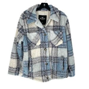 Hollister Co. Women's Sherpa Button Front Teddy Fleece Jacket Shacket Blue Plaid